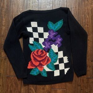 Vintage 80s Hand Loomed Jimmy Garcia New York Sweater floral with checkerboard.
